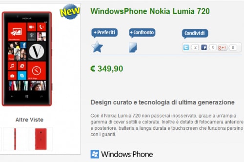 Nokia Lumia 720, disponibile su NStore.it