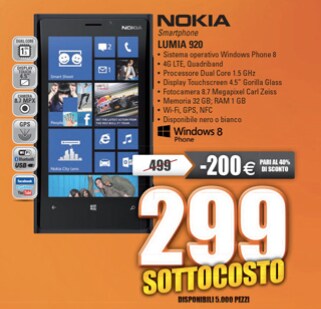 Nokia Lumia 920 a 299€ da MarcoPolo Shop