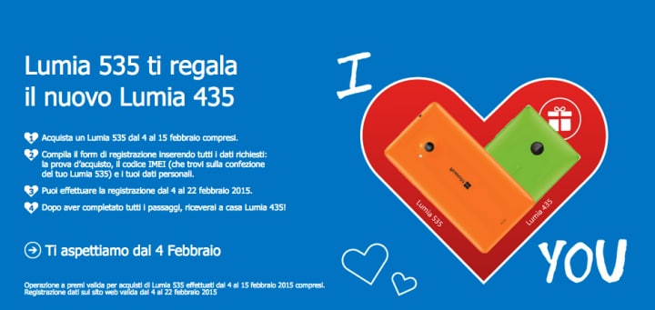 Amore Esagerato: Lumia 435 in regalo a chi acquista Lumia 535