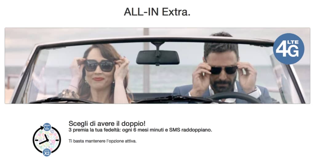 3 Italia conferma ALL-IN Extra: raddoppio ogni 6 mesi e 4 GB LTE