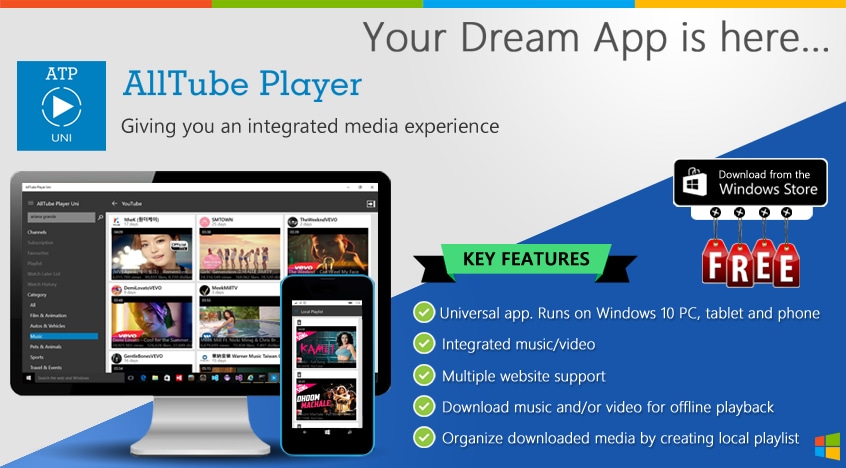 AllTube Player diventa un&#039;app universale su Windows 10