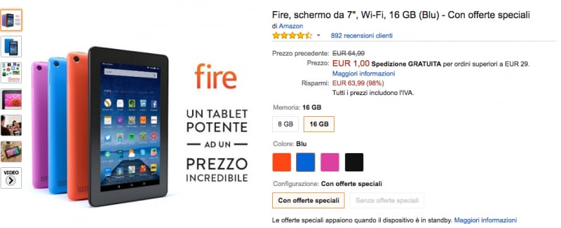 L&#039;errore del giorno di Amazon è bello ghiotto: Fire 7 (2015) in vendita a 1€!