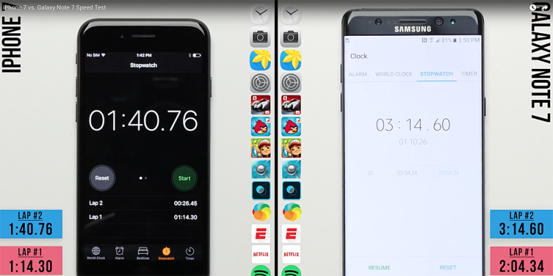 iPhone 7 doppia Galaxy Note 7 in questa gara di velocità (video)