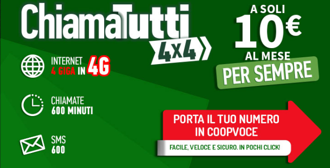 ChiamaTutti 4x4, la nuova, interessante tariffa di CoopVoce con LTE incluso (Aggiornato: bonus 30€)