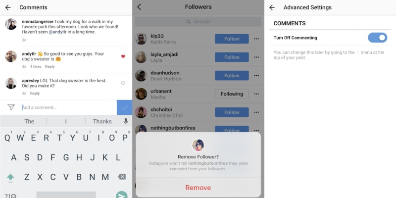 Instagram si aggiorna e aggiunge il blocco dei commenti e la rimozione dei follower (foto)