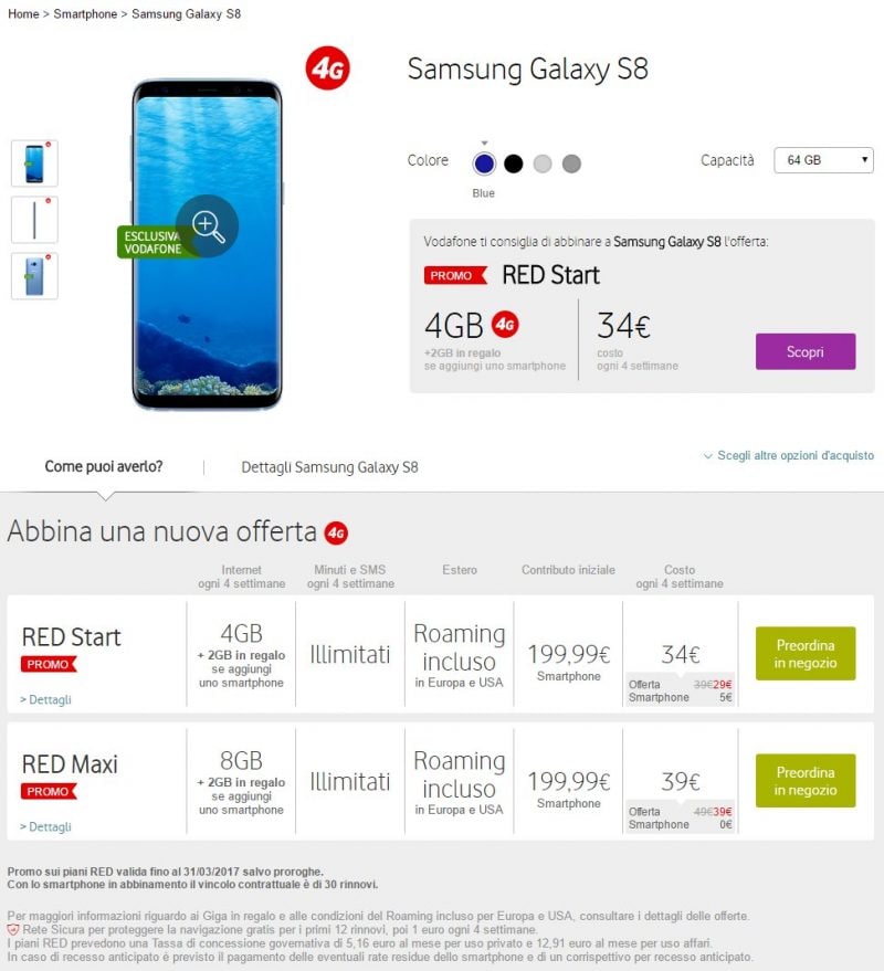 Galaxy S8 può essere vostro a 349€ con Vodafone, anche nella colorazione blu, ma ci sono degli &quot;asterischi&quot;