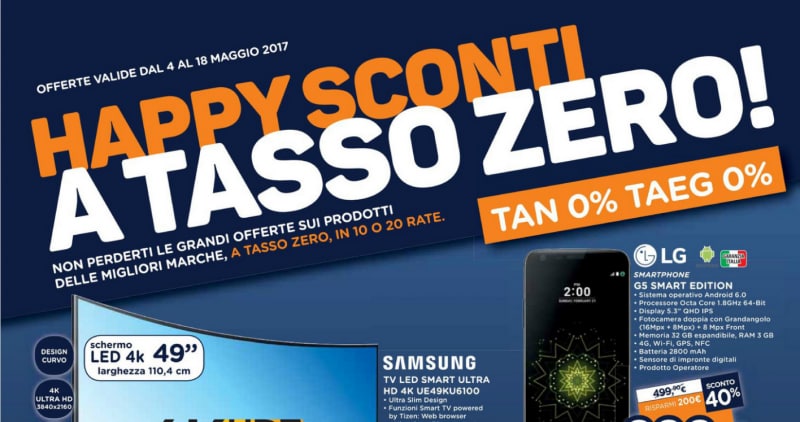 Volantino Unieuro 4-18 maggio: Happy Sconti e tasso zero su smartphone, notebook e TV (foto)