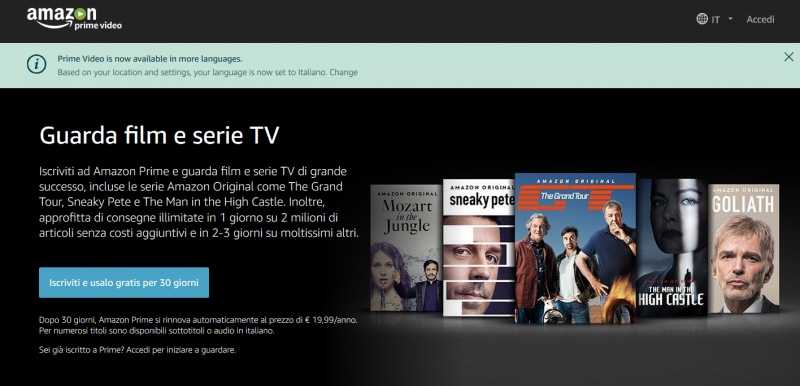 Amazon Prime Video è ora in italiano: supporto multilingua su web e app mobili (foto)