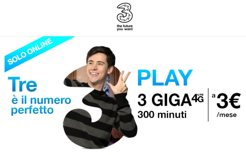 Tre Play New è l&#039;offerta perfetta per chi ha poche pretese: 300 minuti e 3 GB a 3€ ogni 4 settimane