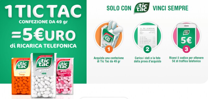Se ancora non amate le Tic Tac, state per cambiare idea: ricarica gratis da 5€ per ogni pacchetto da 49 grammi