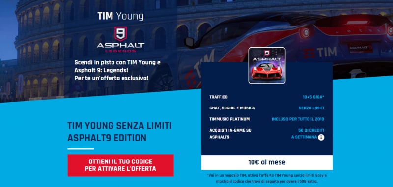 TIM Young Senza Limiti Asphalt9 Edition: 10+5 GB, chat e streaming musicale illimitati e non solo a 10€ al mese