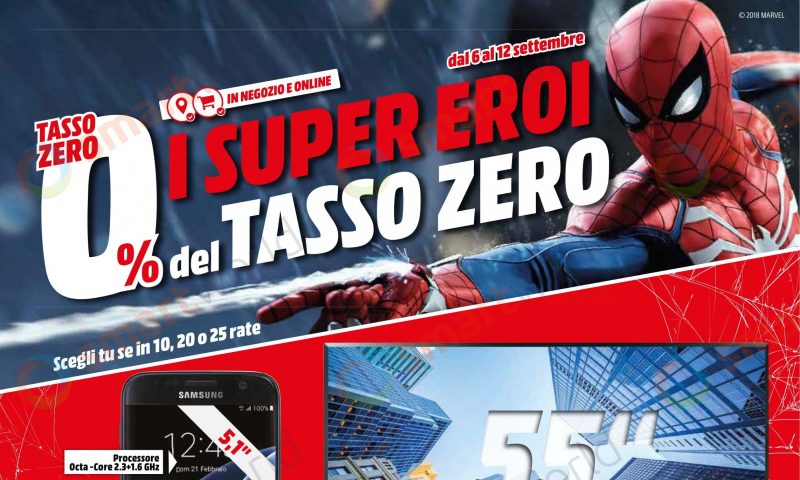 Volantino MediaWorld &quot;I Super Eroi del Tasso Zero&quot; 6-12 settembre: Spider Man, sconti e tanta tecnologia (foto)