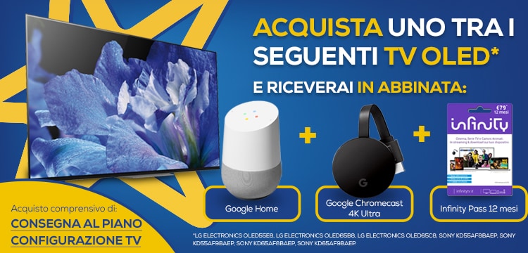 Offerta Euronics: Google Home, Chromecast e Infinity in regalo per chi acquista un TV OLED Sony o LG