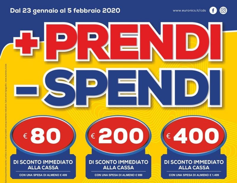 Volantino Euronics “+Prendi -Spendi” 23 gen-5 feb: sconti immediati fino a 400€ (foto)