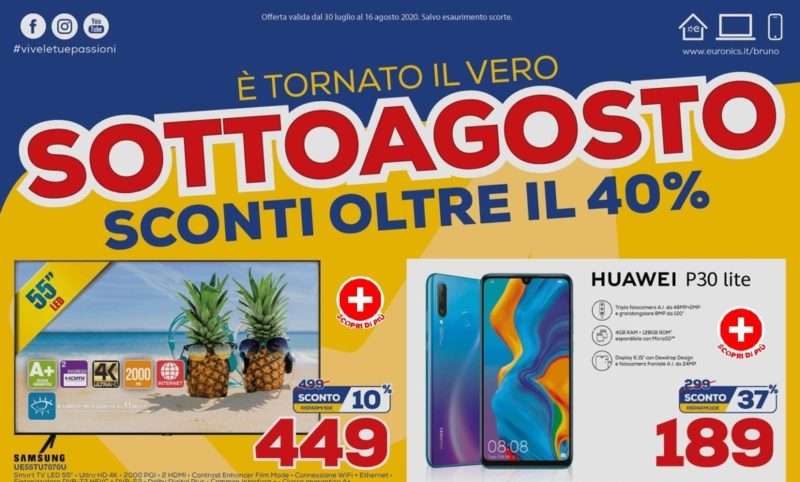 Volantino Euronics “SottoAgosto” 30 lug – 16 ago: tagli fino al 40% solo nei negozi Bruno! (foto)