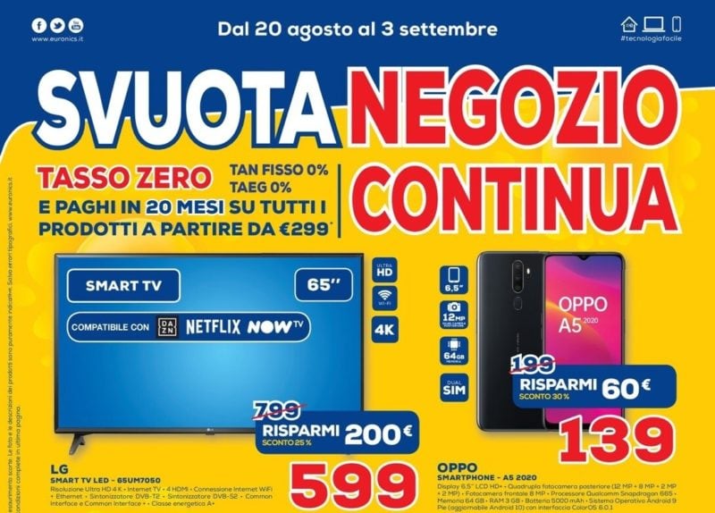 Volantino Euronics Nova “Svuota Negozio Continua” 20 ago – 3 set: con tasso zero! (foto)