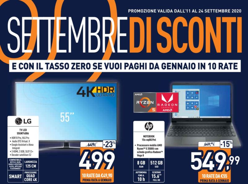 Volantino Unieuro “Settembre di Sconti” 11-24 settembre: Redmi Note 9 Pro e Smart TV 4K HDR in offerta (Ultimi giorni)