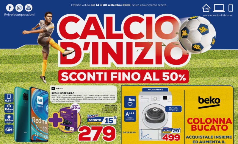 Volantino Euronics “Calcio d&#039;inizio” 14-30 settembre: offerta abbinata Redmi Note 9 Pro + NOW TV Smart Stick (foto)