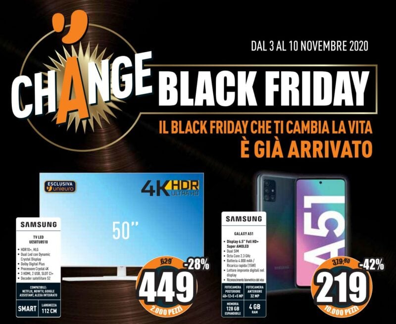 Volantino Unieuro “CHANGE BLACK FRIDAY” 3-10 novembre: iPhone SE, Galaxy A51, Smart TV 4K (foto)