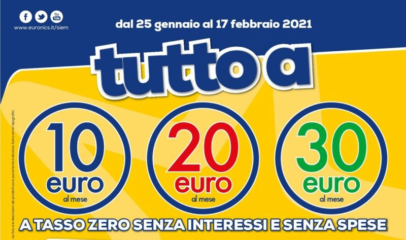 Volantino Euronics &quot;Tutto a 10, 20, 30 euro al mese&quot; 25 gen - 17 feb: è il momento di Smart TV e notebook (foto)
