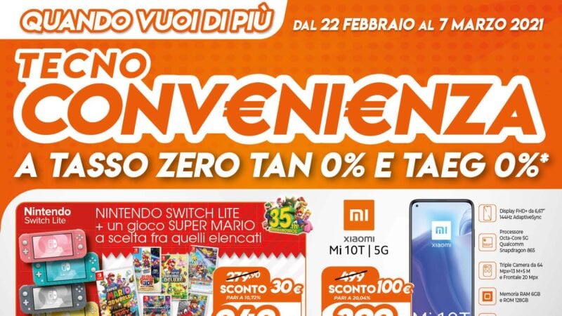 Volantino Expert “TECNO Convenienza” 22 feb - 7 mar: Nintendo Switch Lite, Xiaomi Mi 10T, Galaxy S20 FE in sconto (foto)