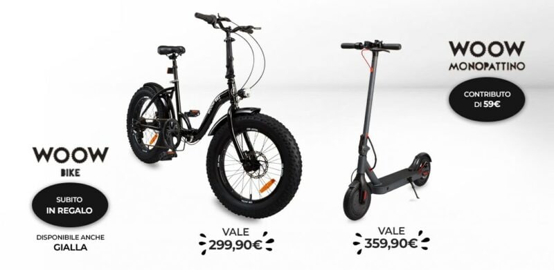 Volantino Unieuro &quot;Il regalo è WOOW!&quot; 11-24 giugno: bici o monopattino in regalo, quale scegliete? (foto)